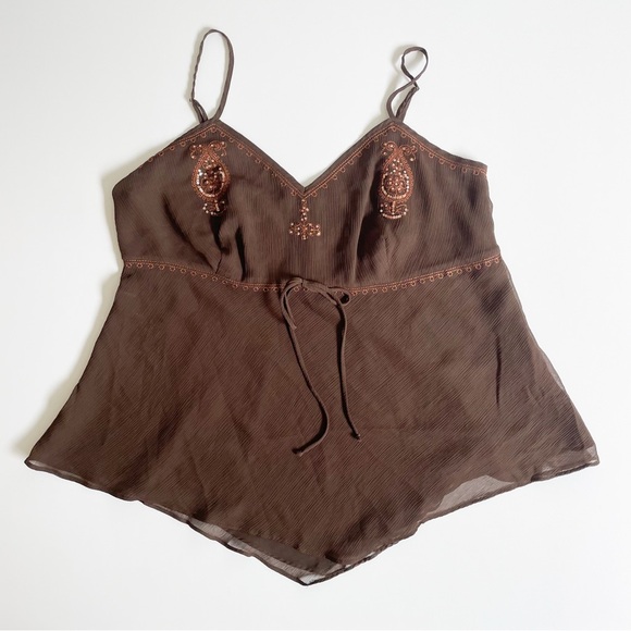 Mixit Tops - Vintage Y2K Brown Embroidered Beaded Spaghetti Strap Tank Top Cami